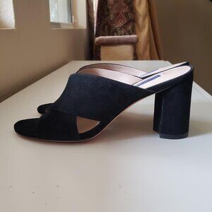 STUART WEITZMAN GALENE SUEDE CRISS CROSS BLOCK MULE SLIDE BLACK
